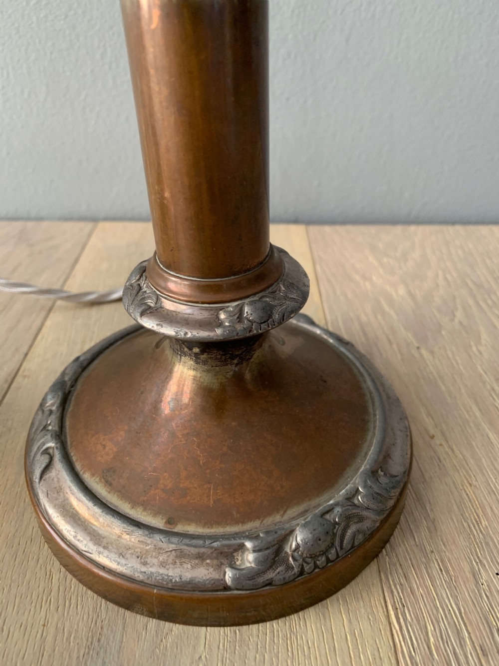 Pair of English Distressed Silver Plated Brass Table Lamps, Rewired and PAT tested View VIII