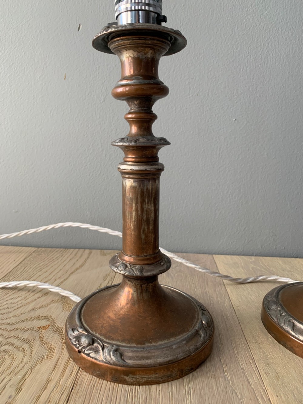 Pair of English Distressed Silver Plated Brass Table Lamps, Rewired and PAT tested View IX