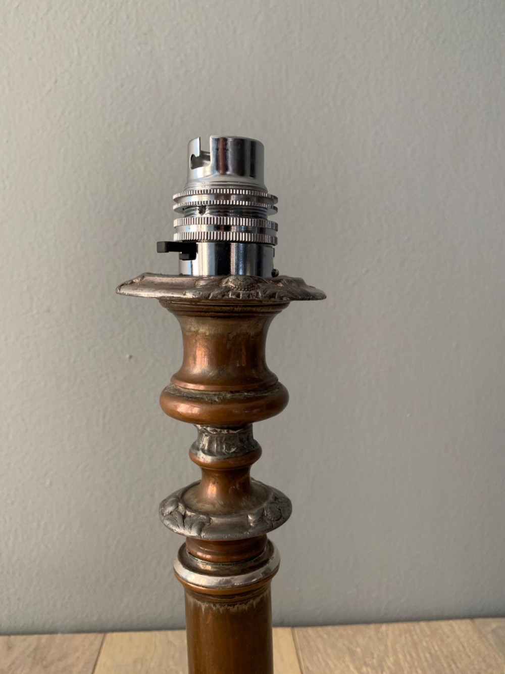 Pair of English Distressed Silver Plated Brass Table Lamps, Rewired and PAT tested View X