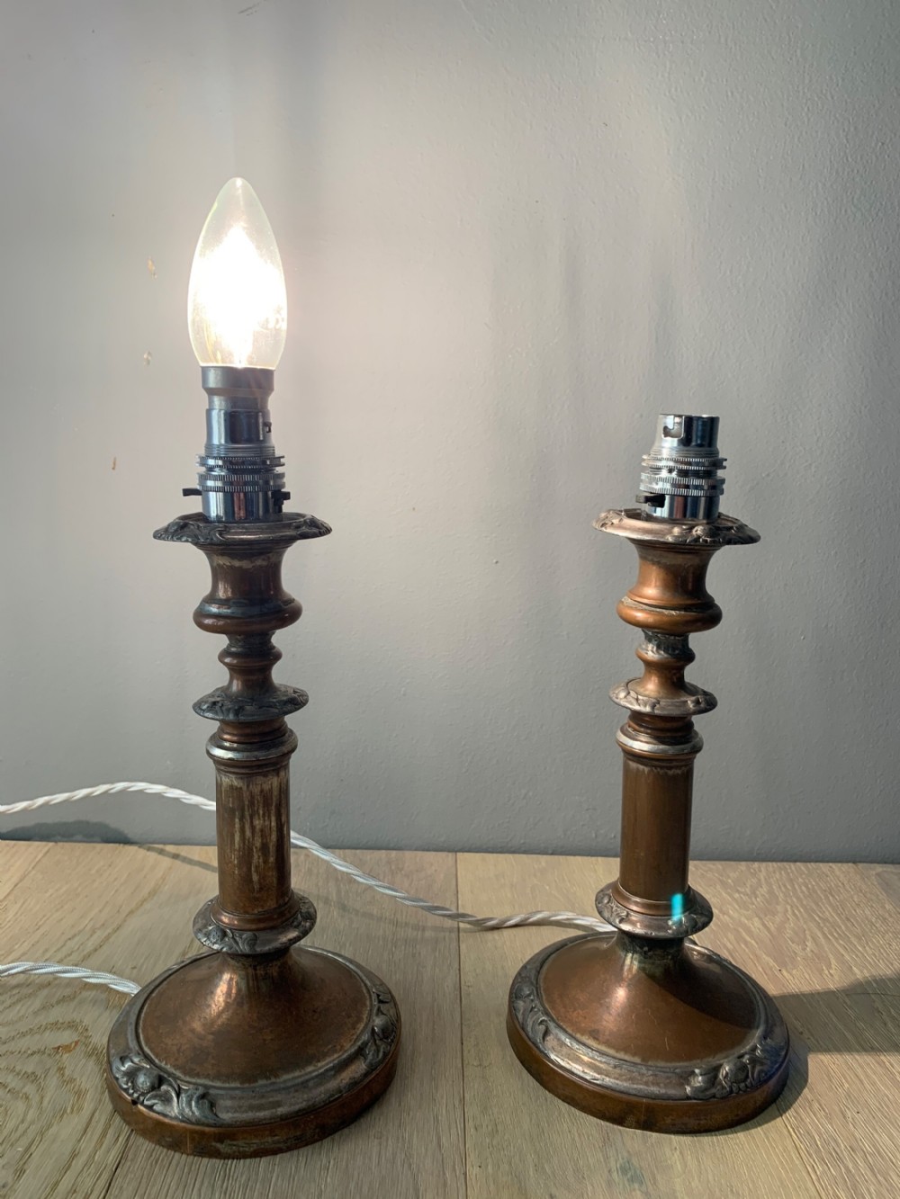 Pair of English Distressed Silver Plated Brass Table Lamps, Rewired and PAT tested View XI