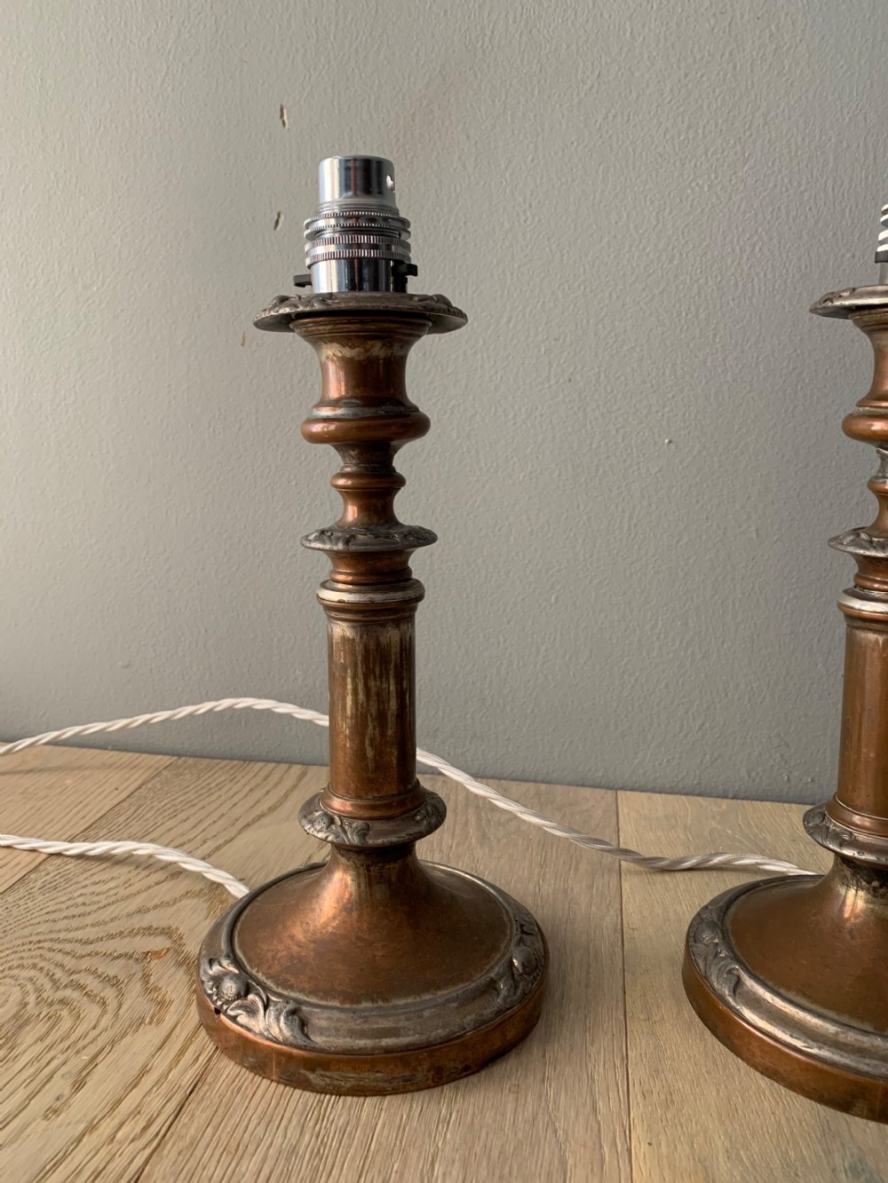 Pair of English Distressed Silver Plated Brass Table Lamps, Rewired and PAT tested View XII