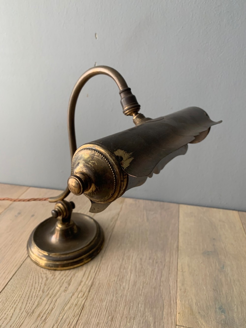 French Aged Brass Articulated Piano Desk Lamp, Rewired and PAT tested  View III