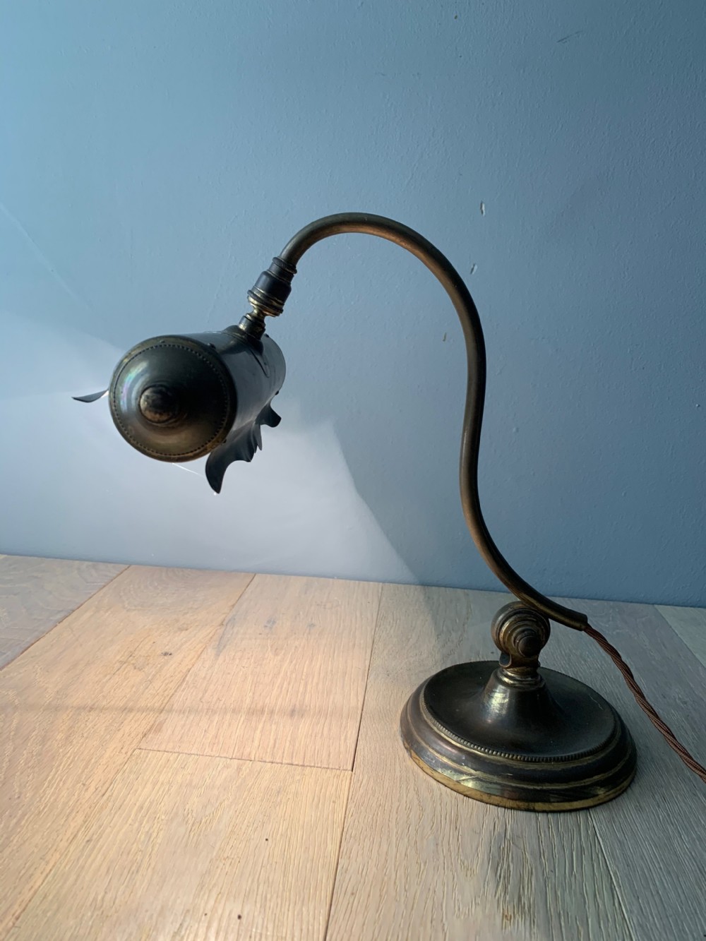 French Aged Brass Articulated Piano Desk Lamp, Rewired and PAT tested  View IX