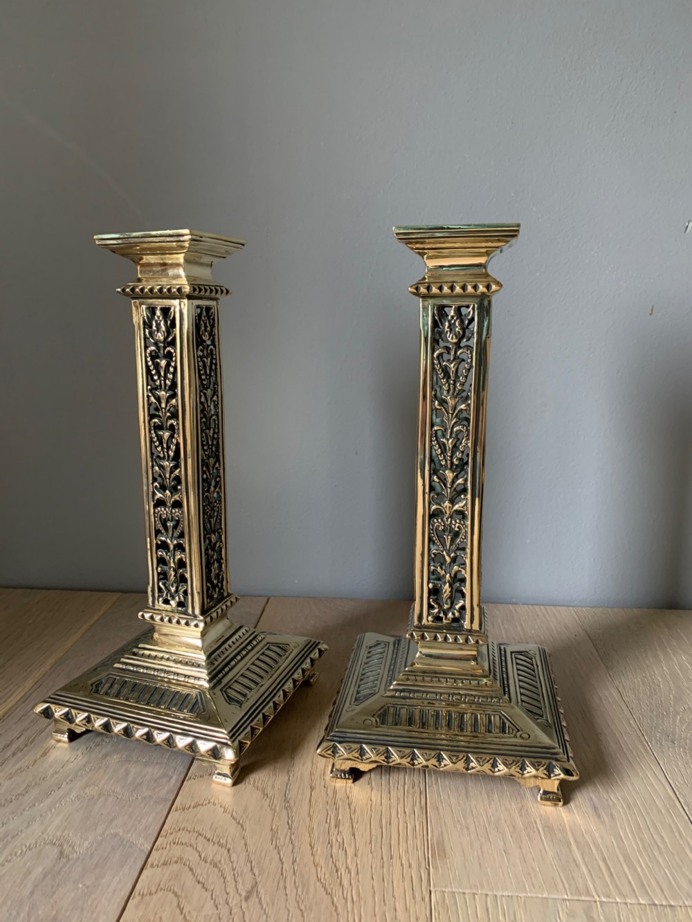 Pair of Victorian Ornate Brass Candle Sticks View II