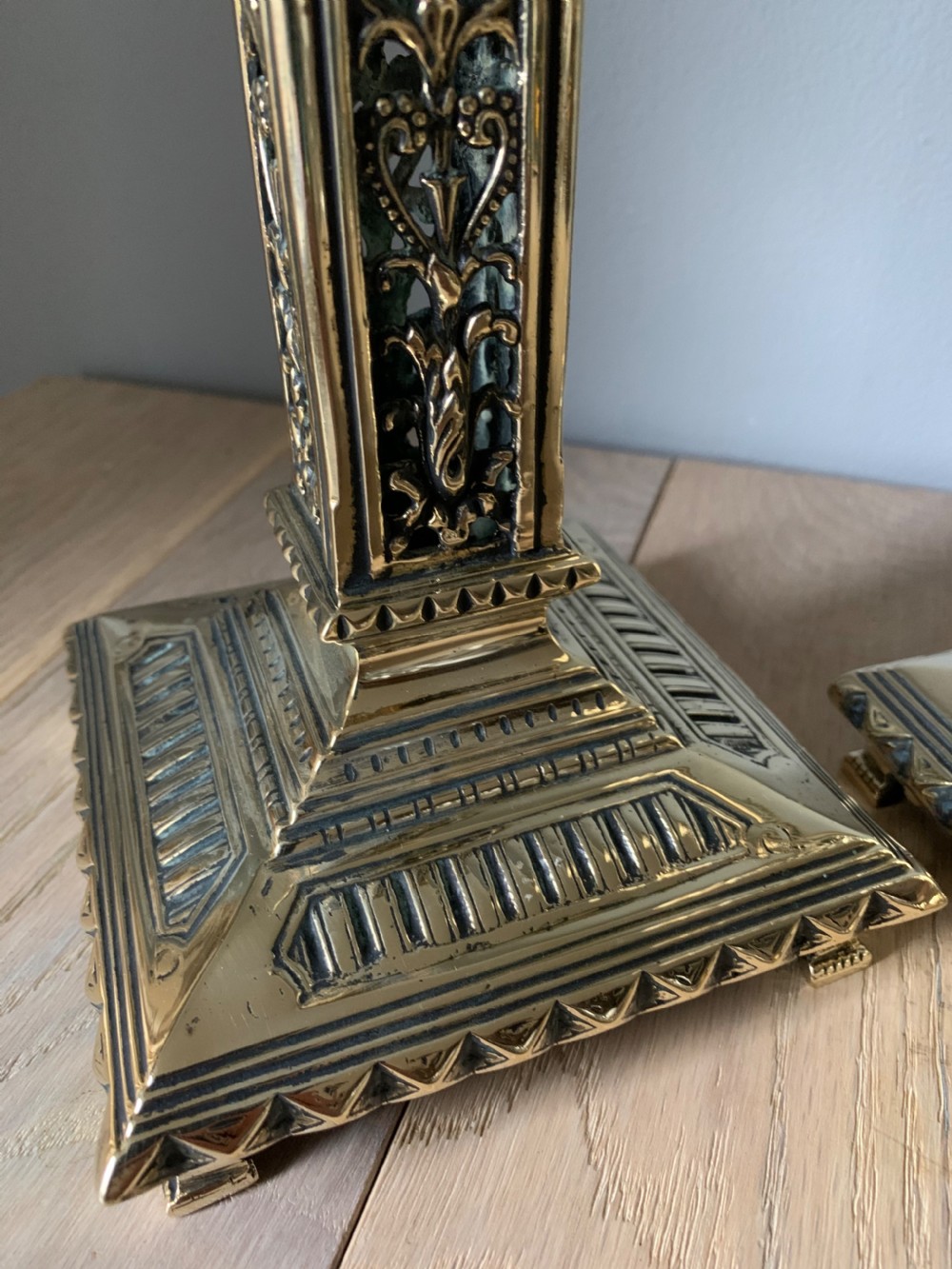 Pair of Victorian Ornate Brass Candle Sticks View X