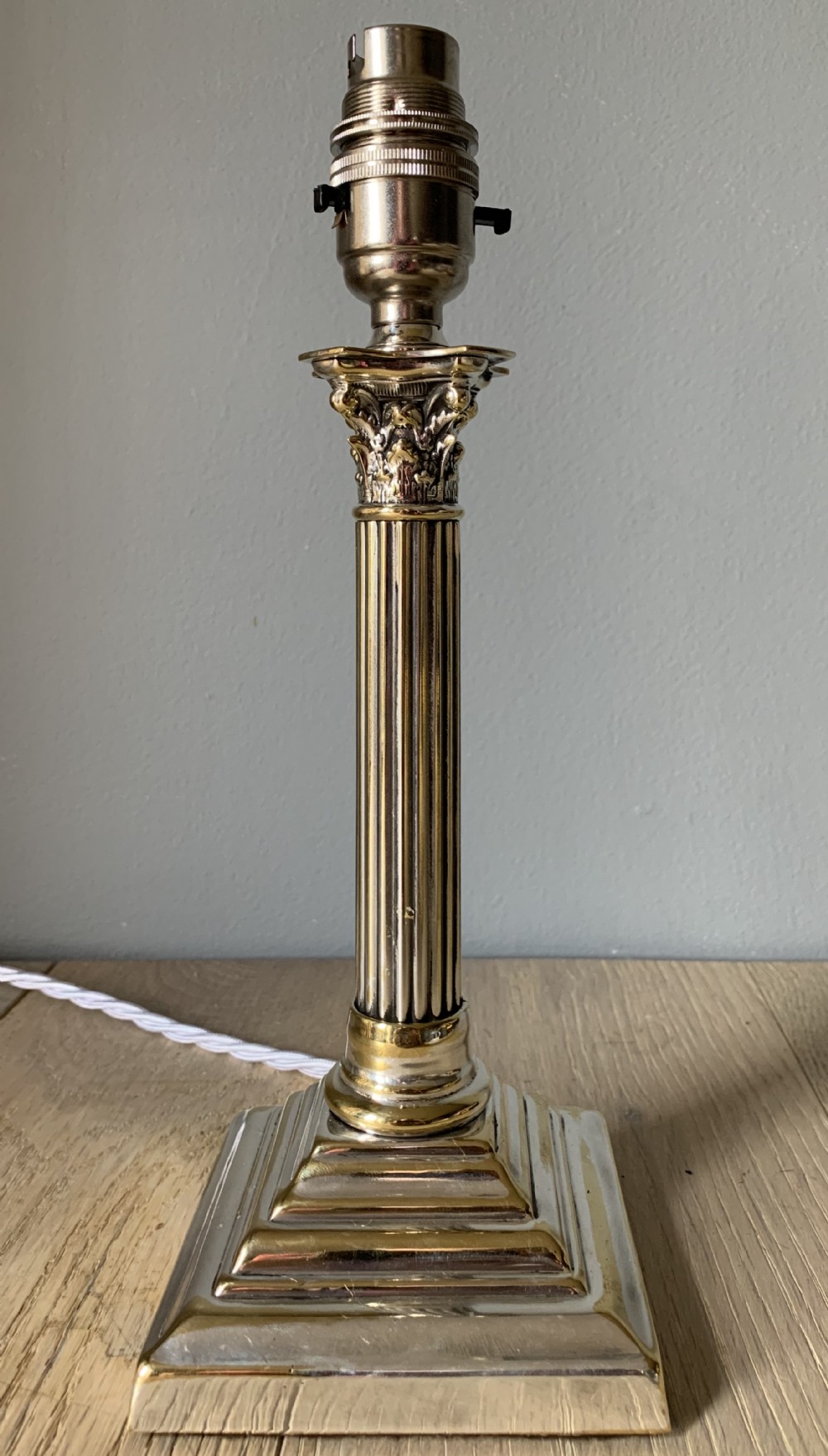 Small Distressed Silver Plated Brass Corinthian Column Table Lamp, Rewired and PAT tested