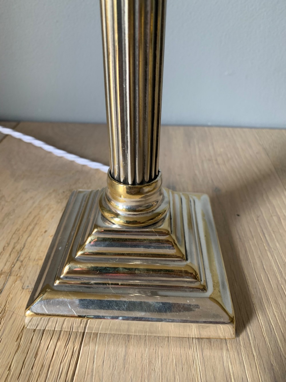 Small Distressed Silver Plated Brass Corinthian Column Table Lamp, Rewired and PAT tested View II