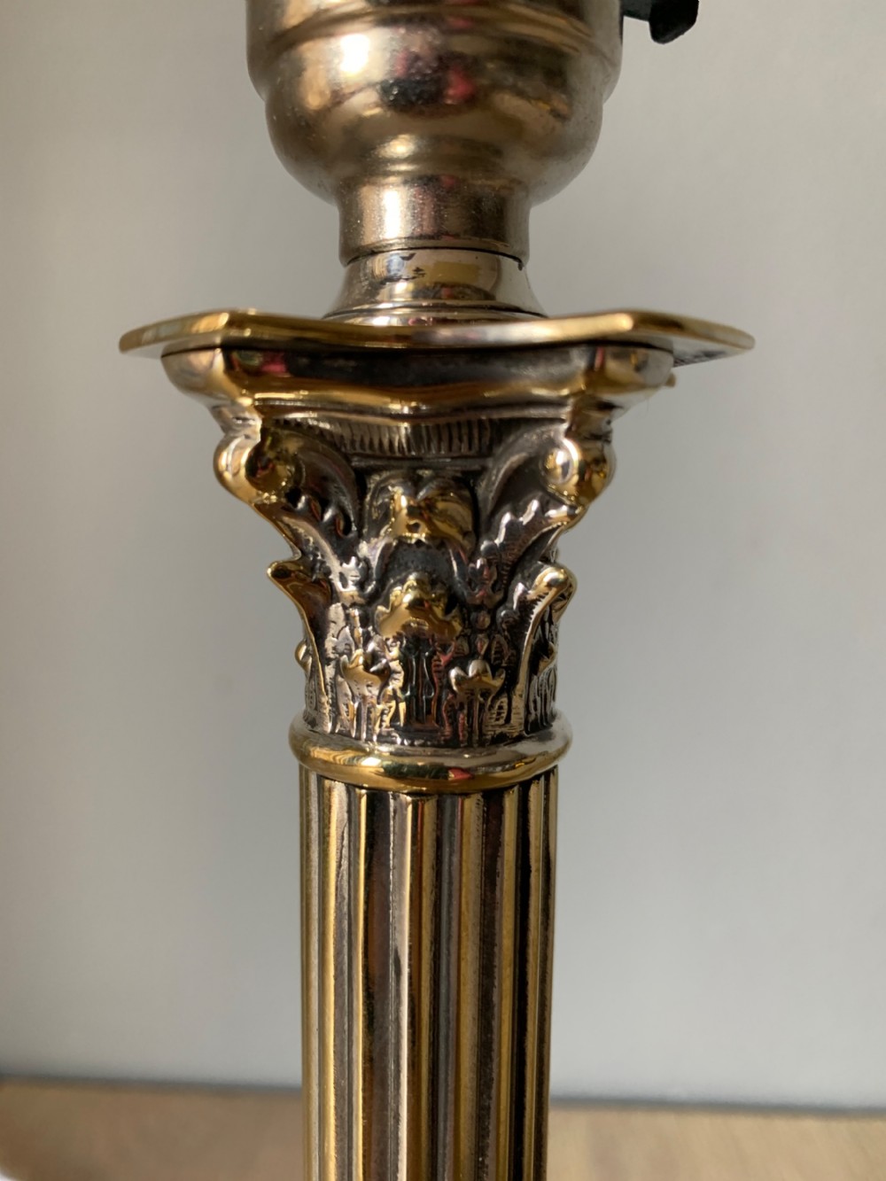 Small Distressed Silver Plated Brass Corinthian Column Table Lamp, Rewired and PAT tested View IV