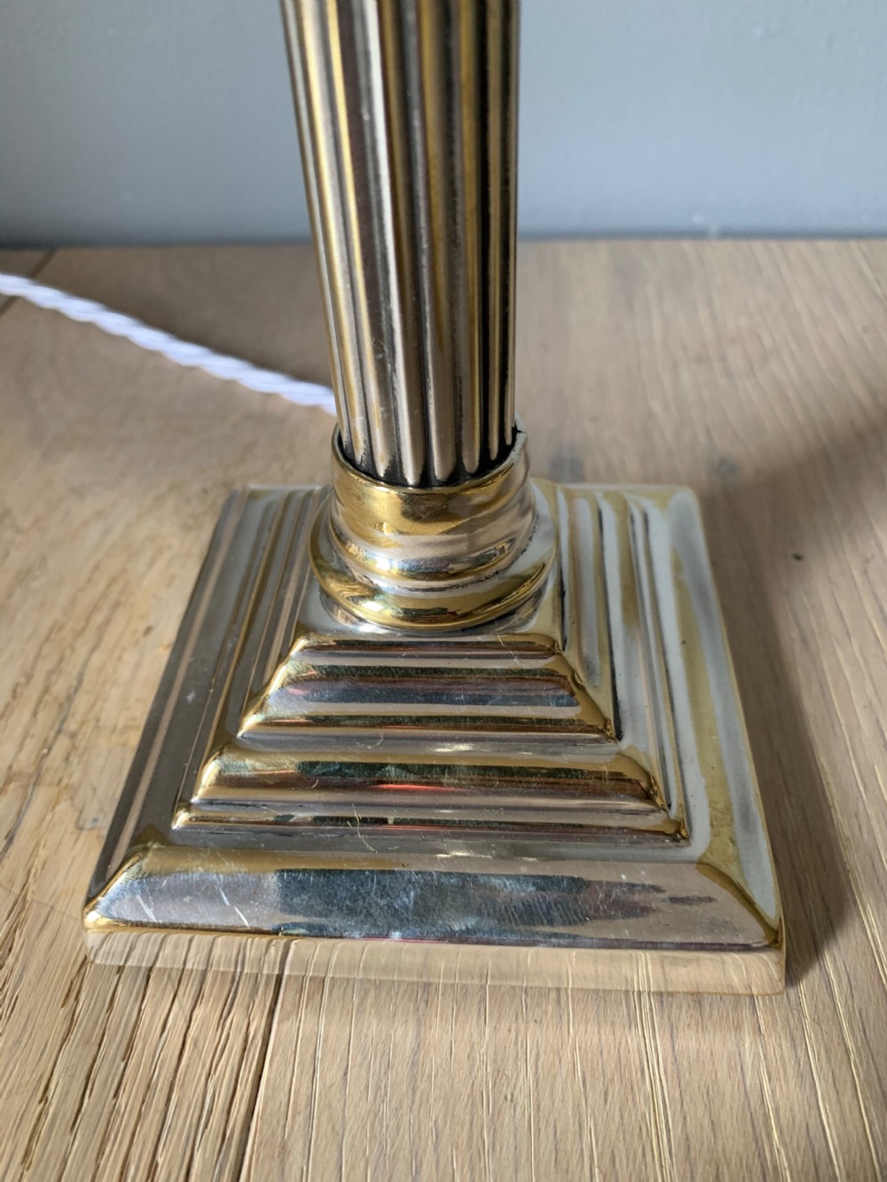 Small Distressed Silver Plated Brass Corinthian Column Table Lamp, Rewired and PAT tested View V