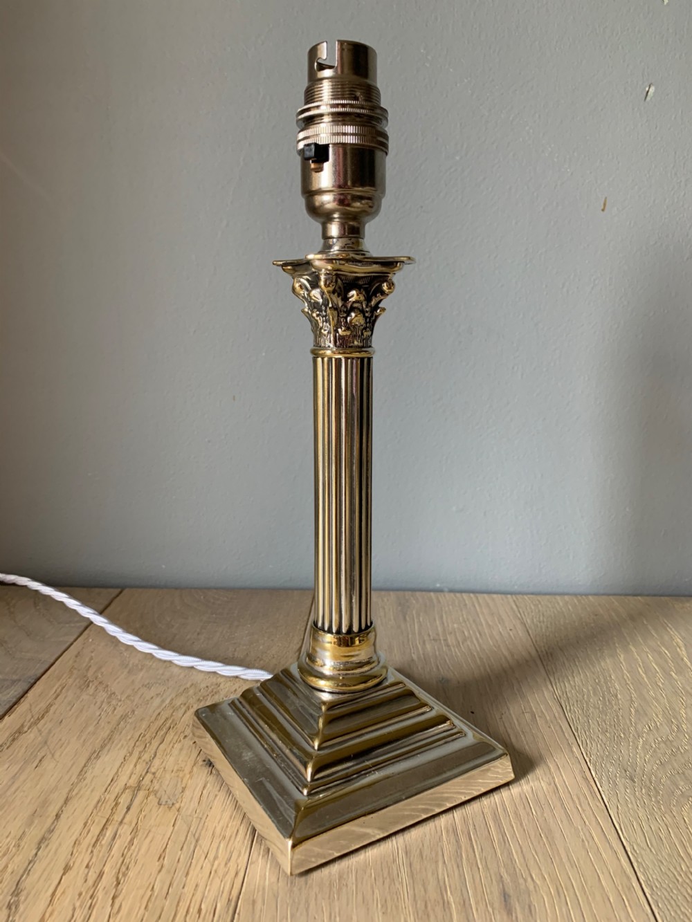 Small Distressed Silver Plated Brass Corinthian Column Table Lamp, Rewired and PAT tested View VII