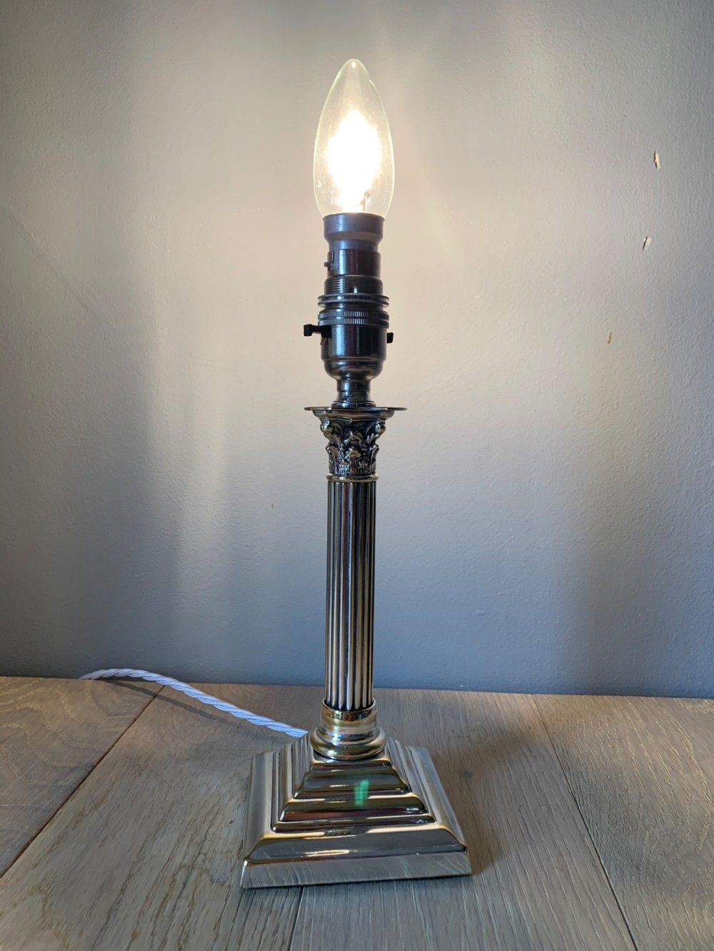 Small Distressed Silver Plated Brass Corinthian Column Table Lamp, Rewired and PAT tested View VIII