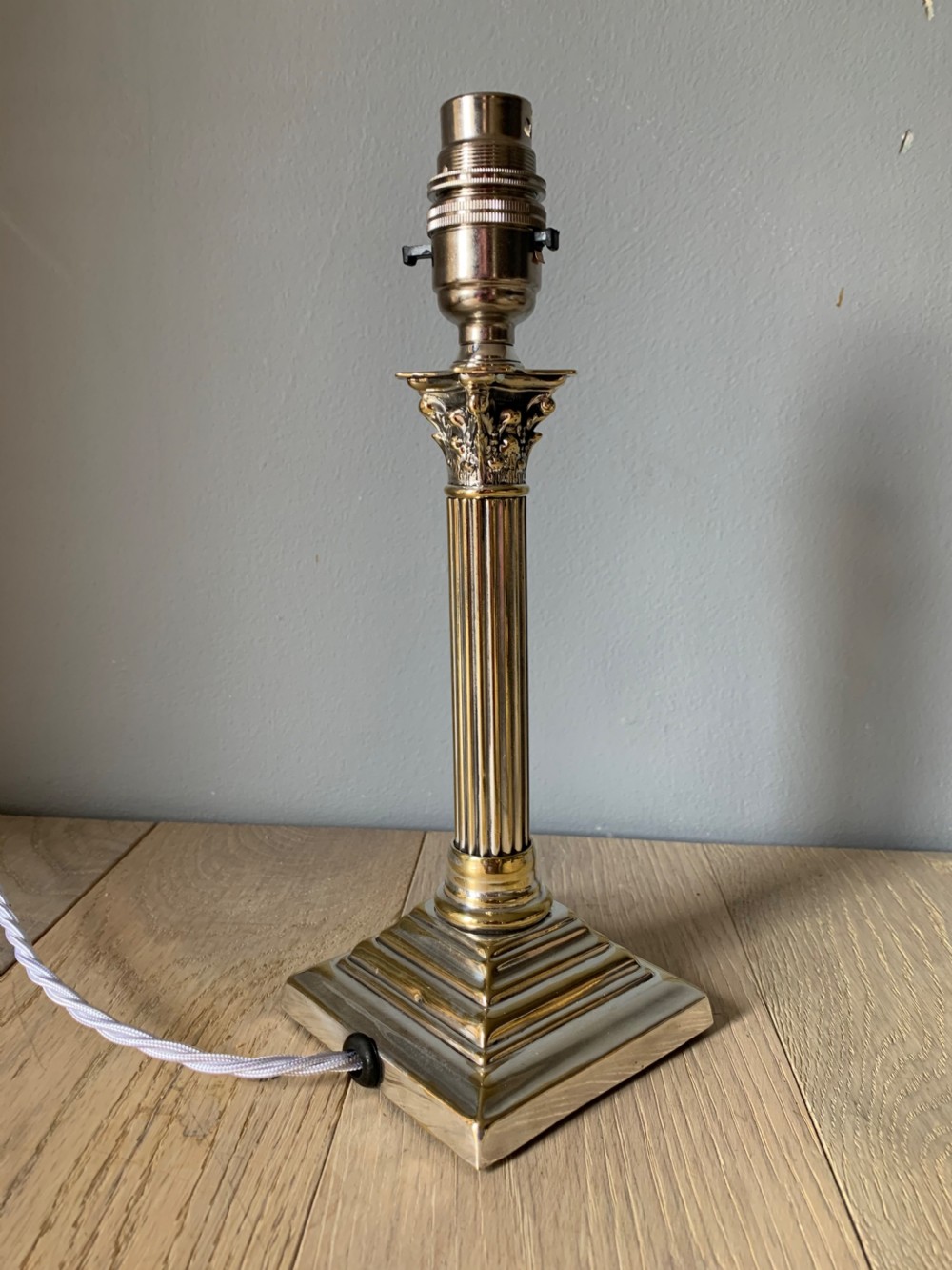 Small Distressed Silver Plated Brass Corinthian Column Table Lamp, Rewired and PAT tested View IX