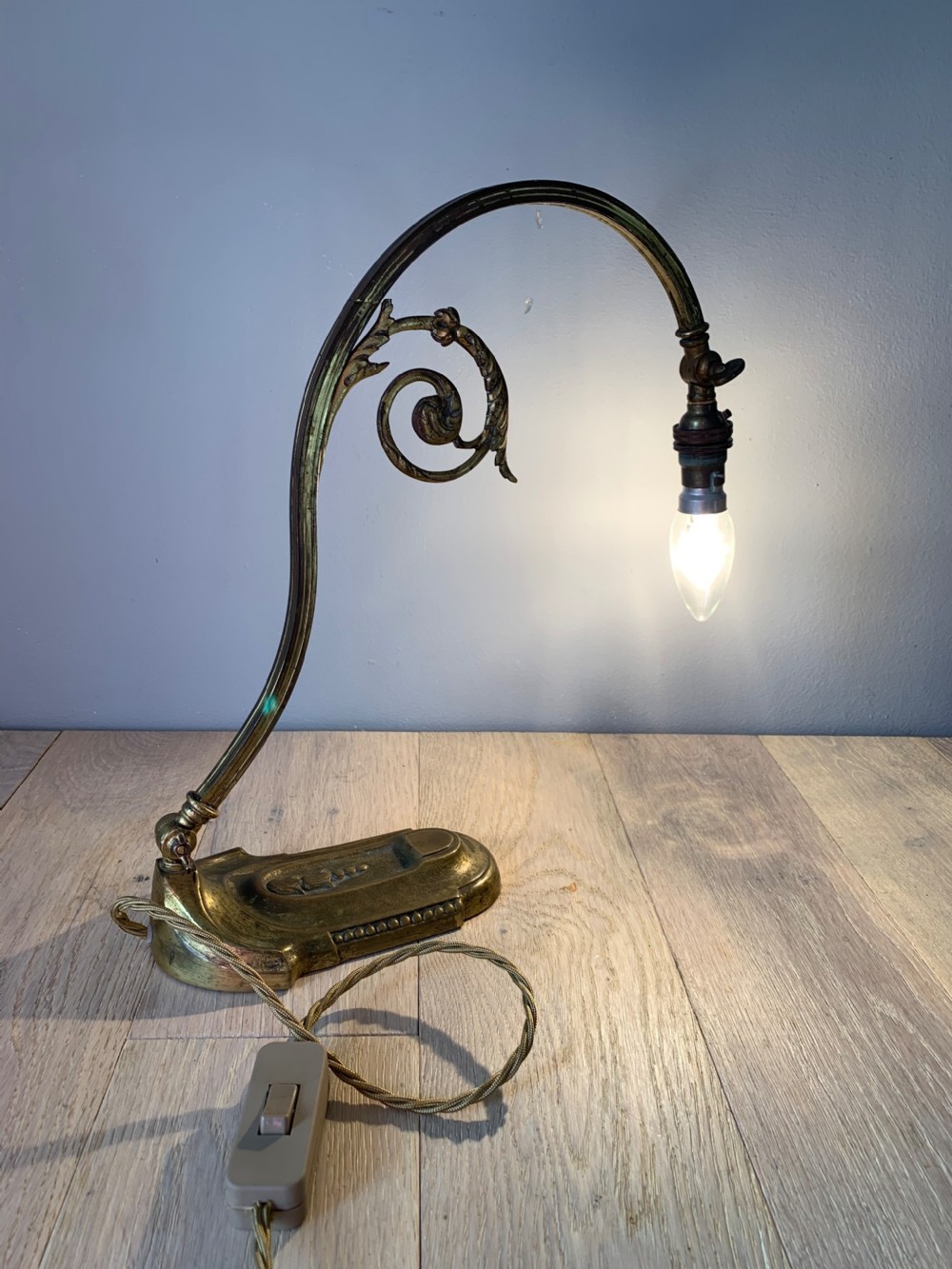 French Aged Gilt Brass Adjustable Desk Lamp, Rewired and Pat tested  View VII
