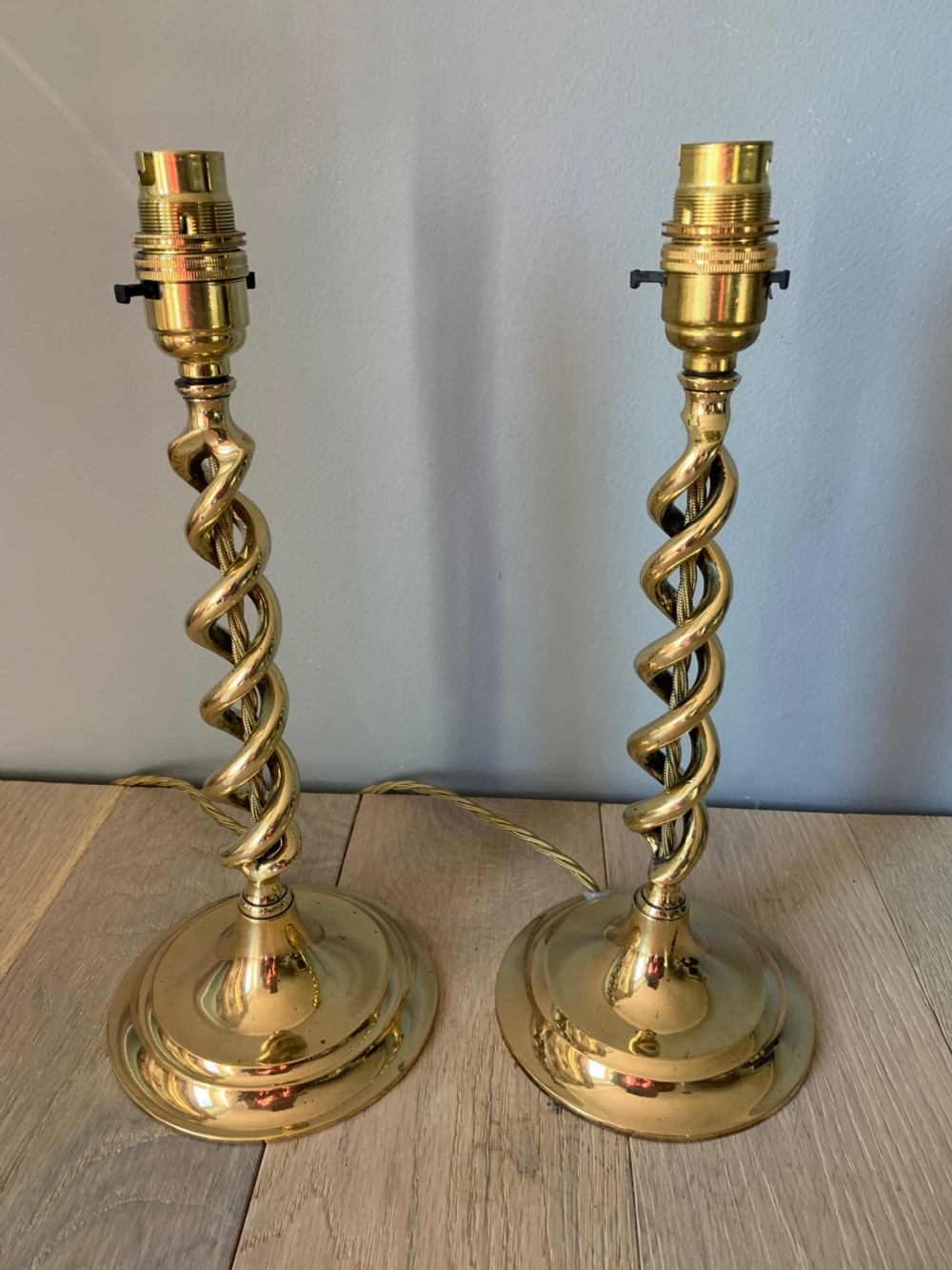 Pair of 1920s Brass Twist Table Lamps, Rewired and PAT tested  View II