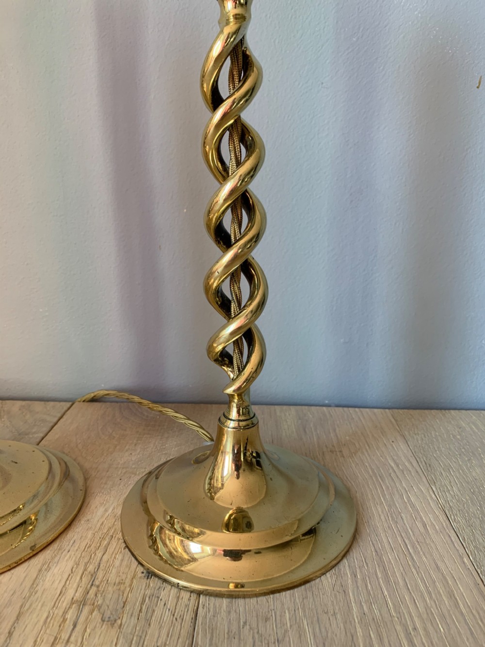 Pair of 1920s Brass Twist Table Lamps, Rewired and PAT tested  View III