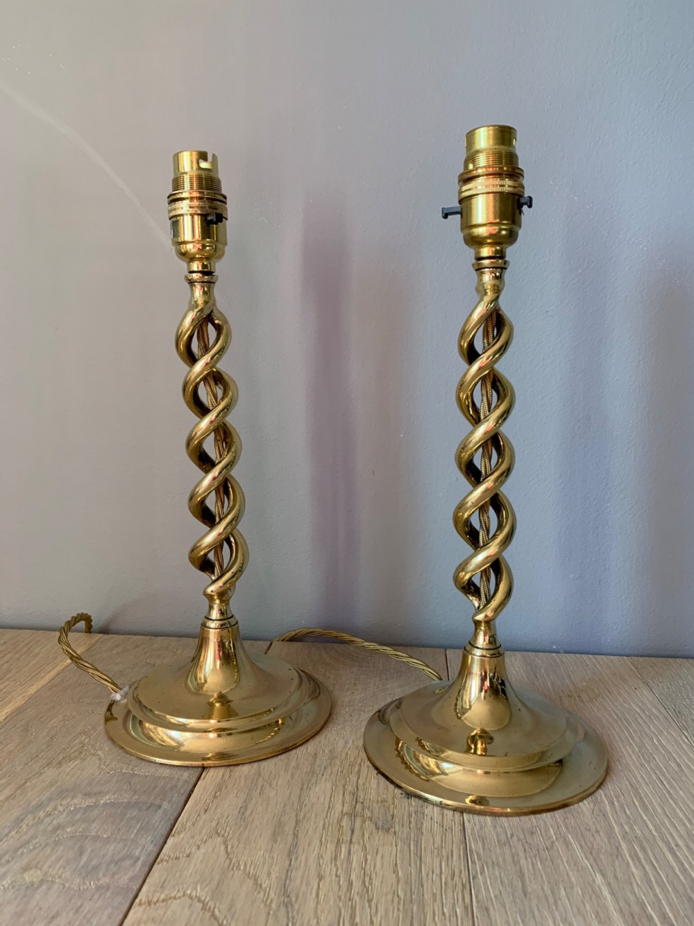 Pair of 1920s Brass Twist Table Lamps, Rewired and PAT tested  View V