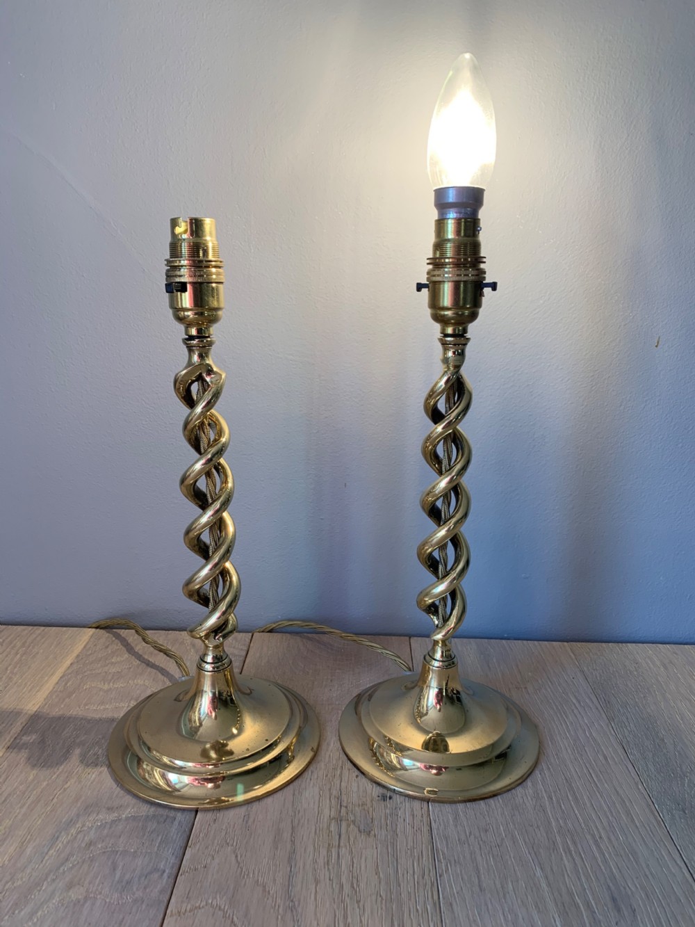 Pair of 1920s Brass Twist Table Lamps, Rewired and PAT tested  View VI