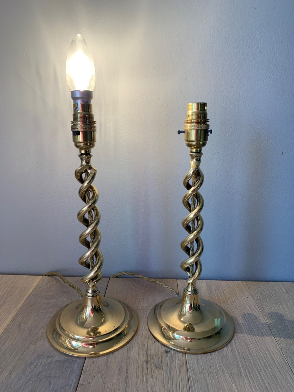 Pair of 1920s Brass Twist Table Lamps, Rewired and PAT tested  View VII