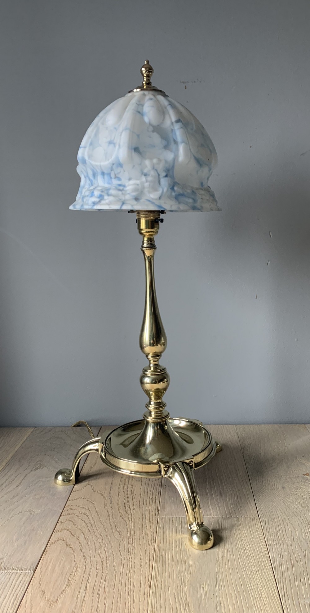 Large Edwardian Brass Table Lamp with Ceramic Shade, Rewired and PAT tested 