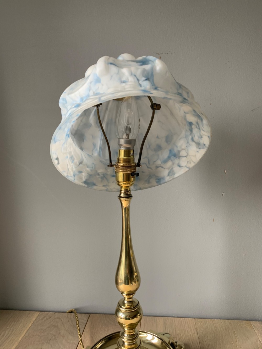 Large Edwardian Brass Table Lamp with Ceramic Shade, Rewired and PAT tested  View VII