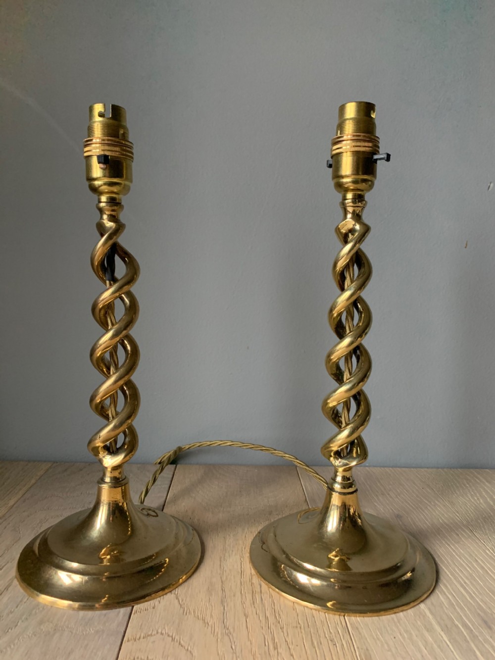 Pair of 1920s Brass Twist Table Lamps, Rewired and PAT tested