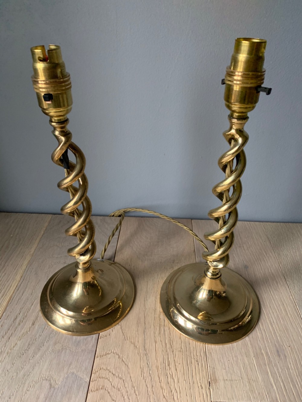 Pair of 1920s Brass Twist Table Lamps, Rewired and PAT tested View II