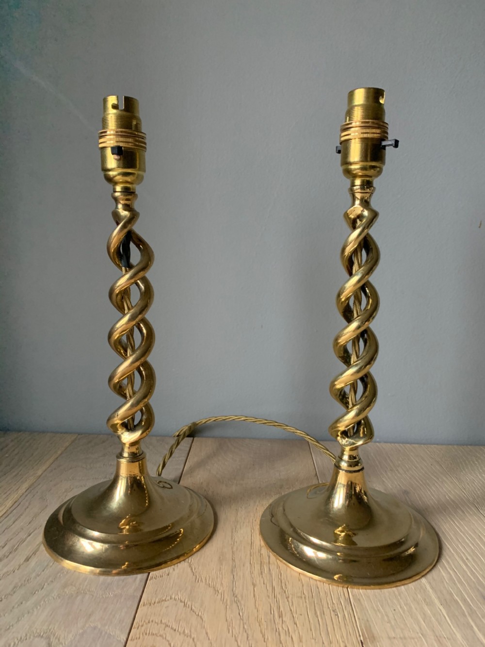 Pair of 1920s Brass Twist Table Lamps, Rewired and PAT tested View V