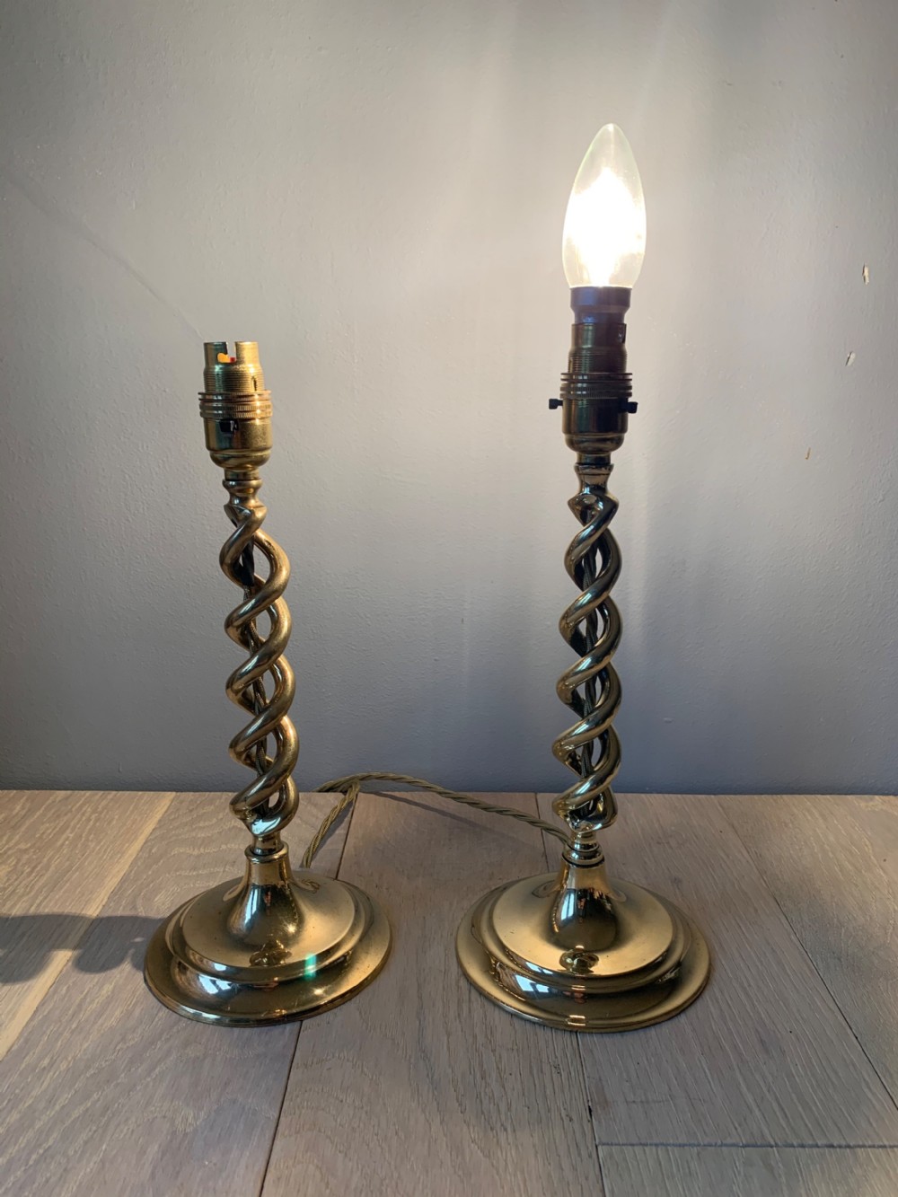 Pair of 1920s Brass Twist Table Lamps, Rewired and PAT tested View IX
