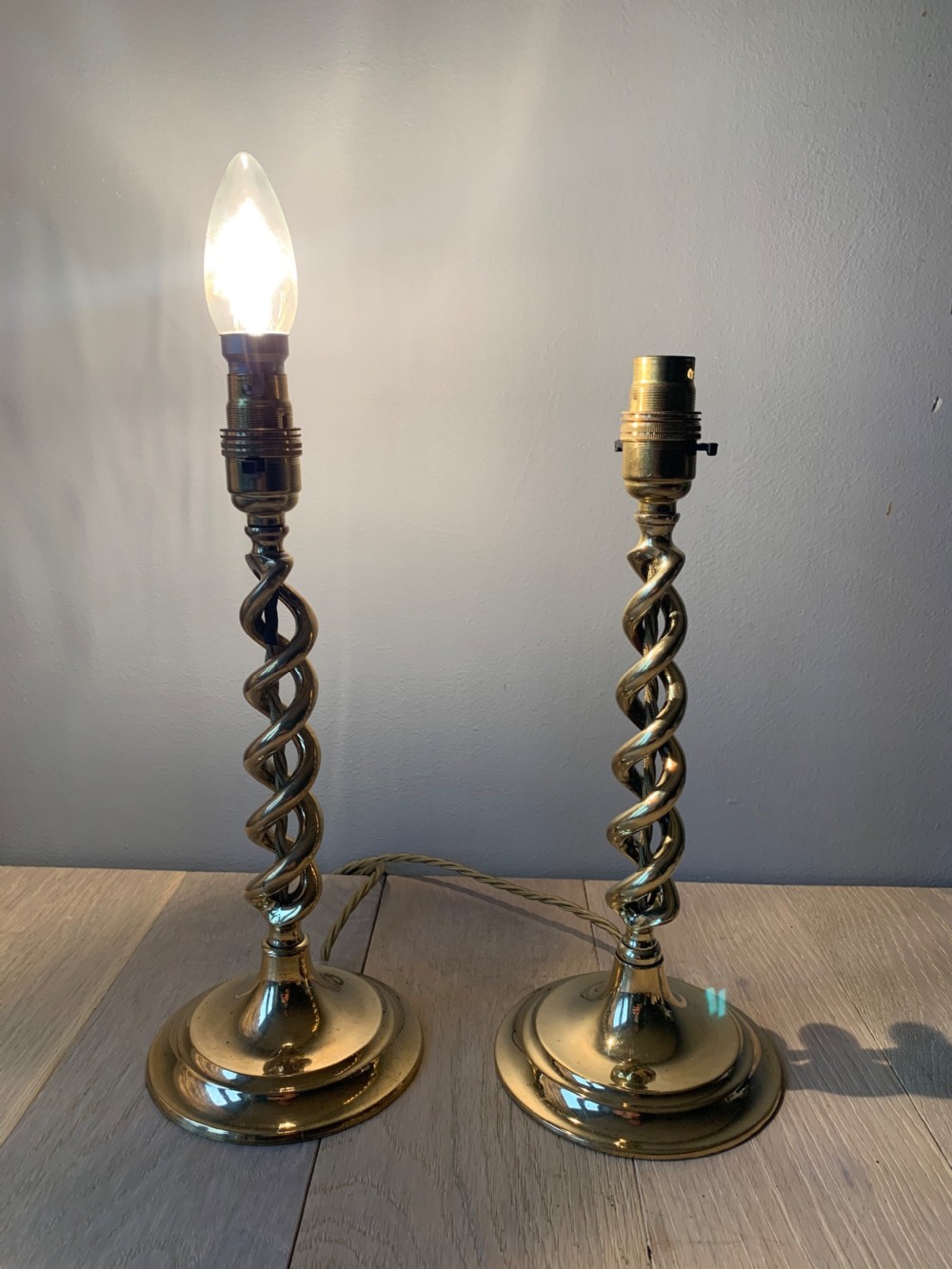 Pair of 1920s Brass Twist Table Lamps, Rewired and PAT tested View X