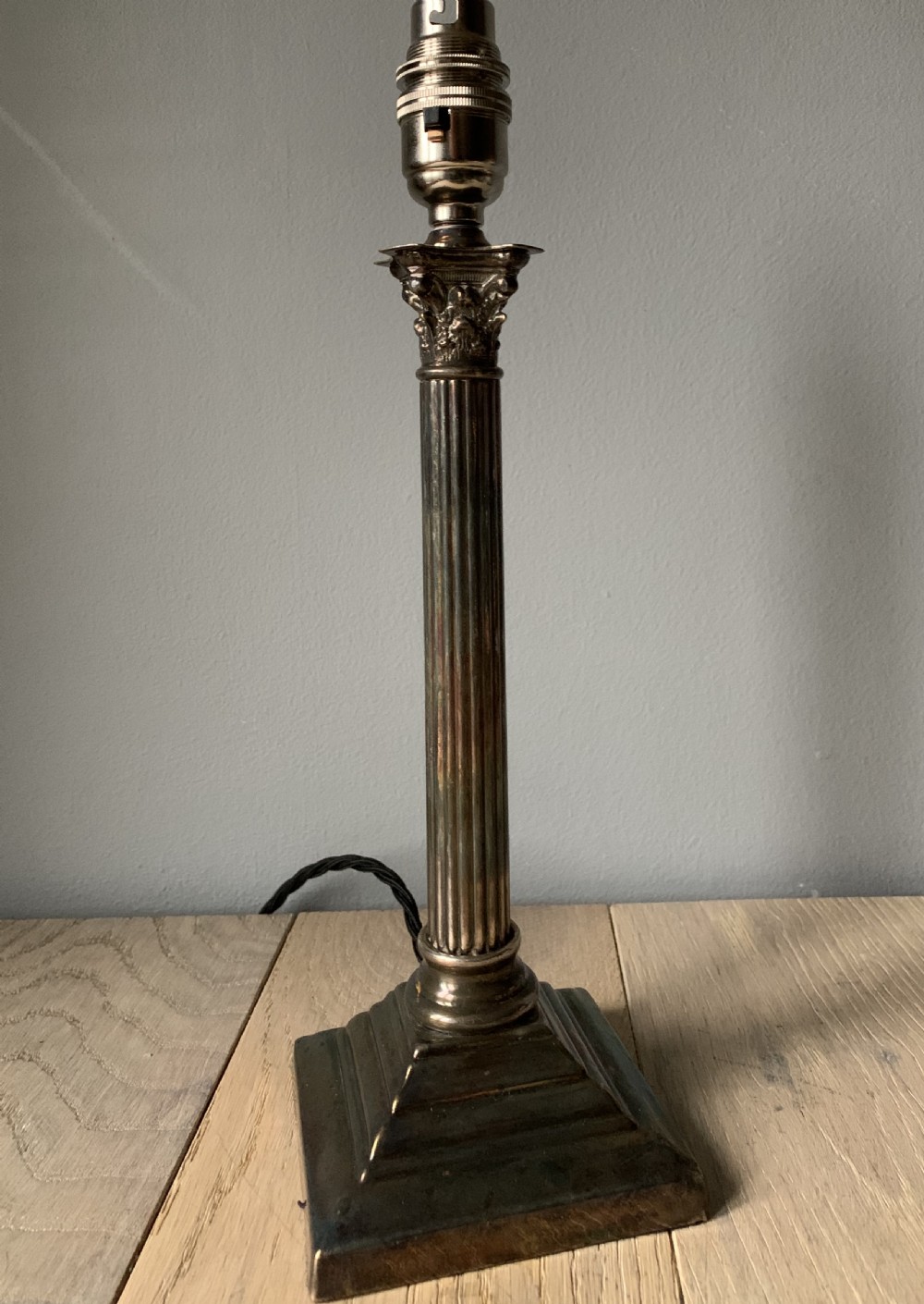 Aged Nickel Plated Brass Corinthian Column Table Lamp, Rewired and PAT tested 