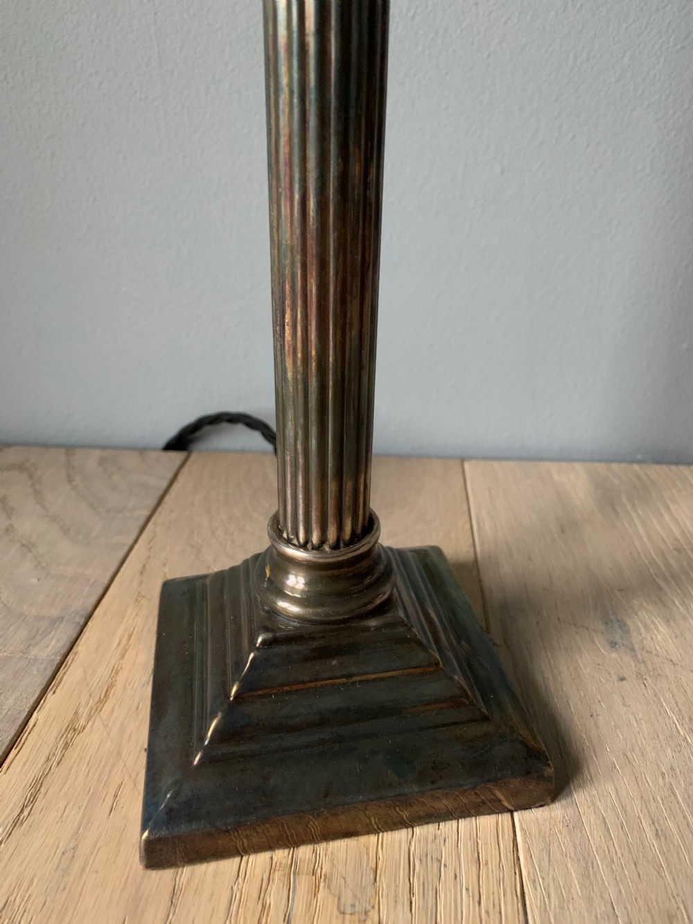 Aged Nickel Plated Brass Corinthian Column Table Lamp, Rewired and PAT tested  View II