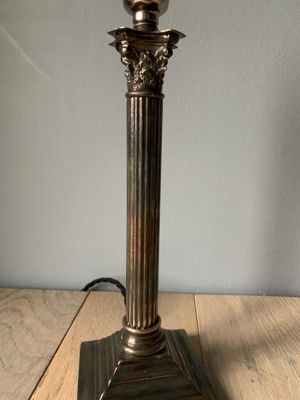 Aged Nickel Plated Brass Corinthian Column Table Lamp, Rewired and PAT tested  View III