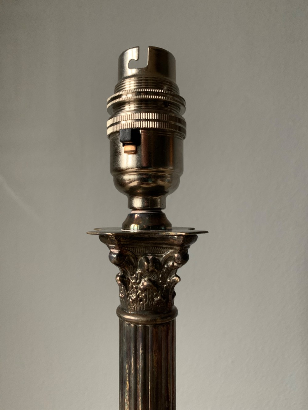 Aged Nickel Plated Brass Corinthian Column Table Lamp, Rewired and PAT tested  View IV