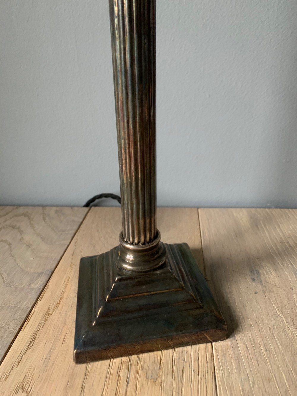 Aged Nickel Plated Brass Corinthian Column Table Lamp, Rewired and PAT tested  View V