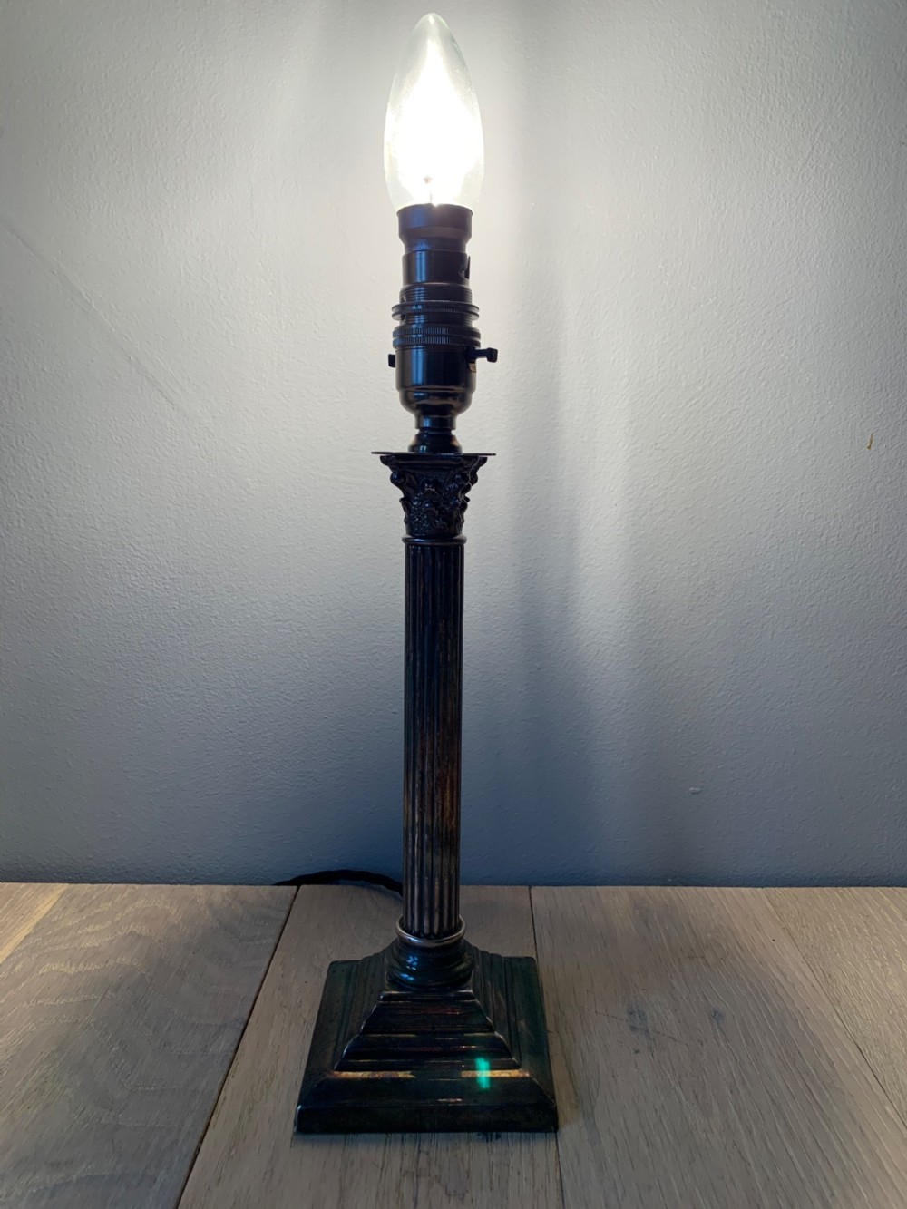 Aged Nickel Plated Brass Corinthian Column Table Lamp, Rewired and PAT tested  View VI