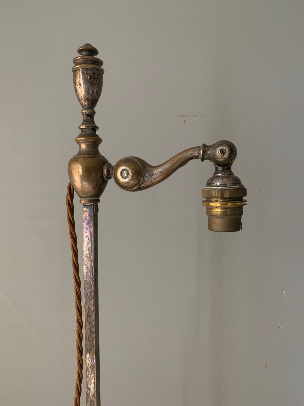 Tall Aged Brass & Silver Plate Library Table Desk Lamp, Rewired and PAT tested  View VI