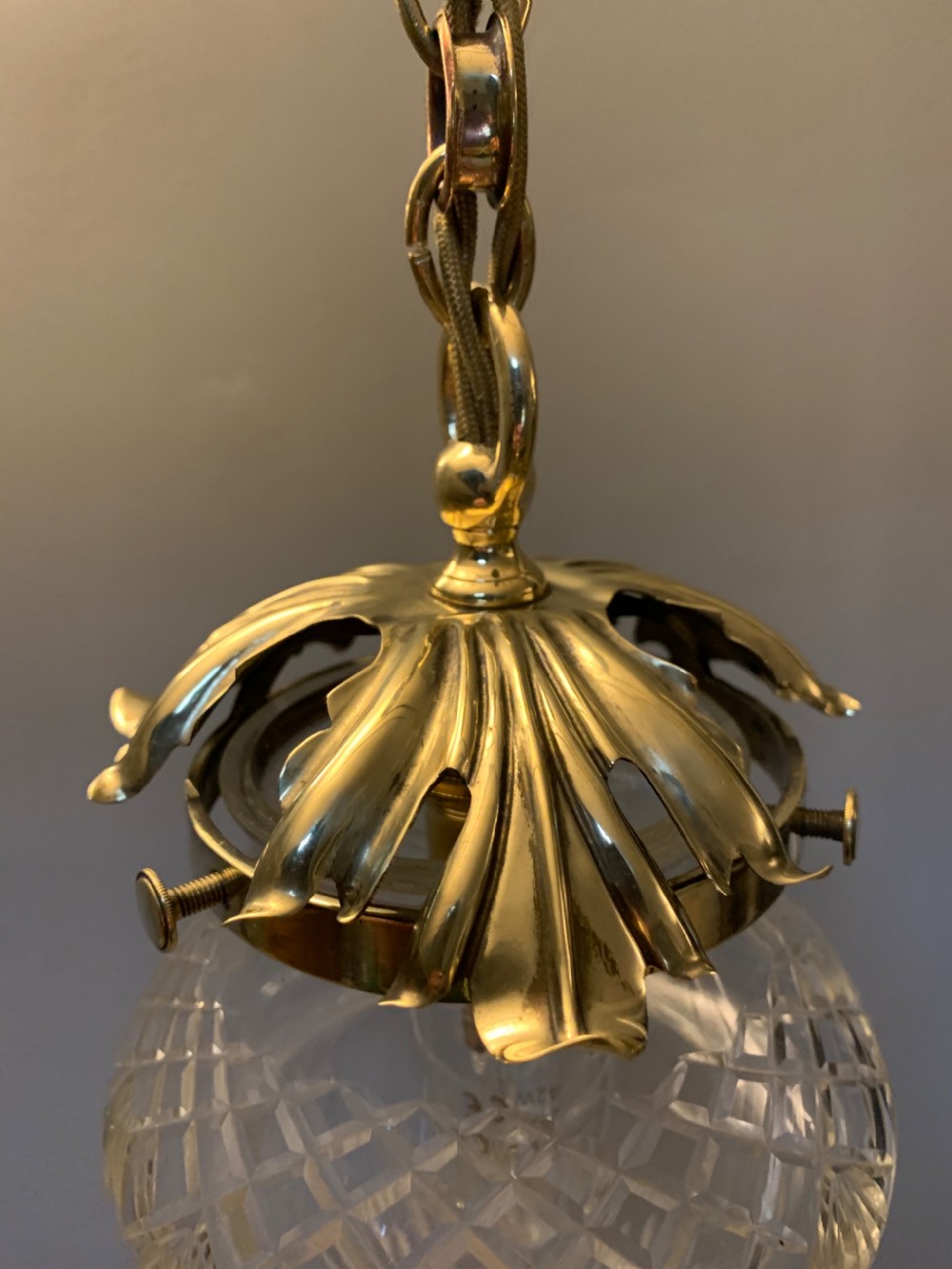 Edwardian Ceiling Cut Crystal Ceiling Bome, Brass Gallery, Rewired  View V