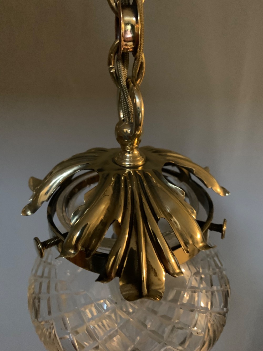Edwardian Ceiling Cut Crystal Ceiling Bome, Brass Gallery, Rewired  View X