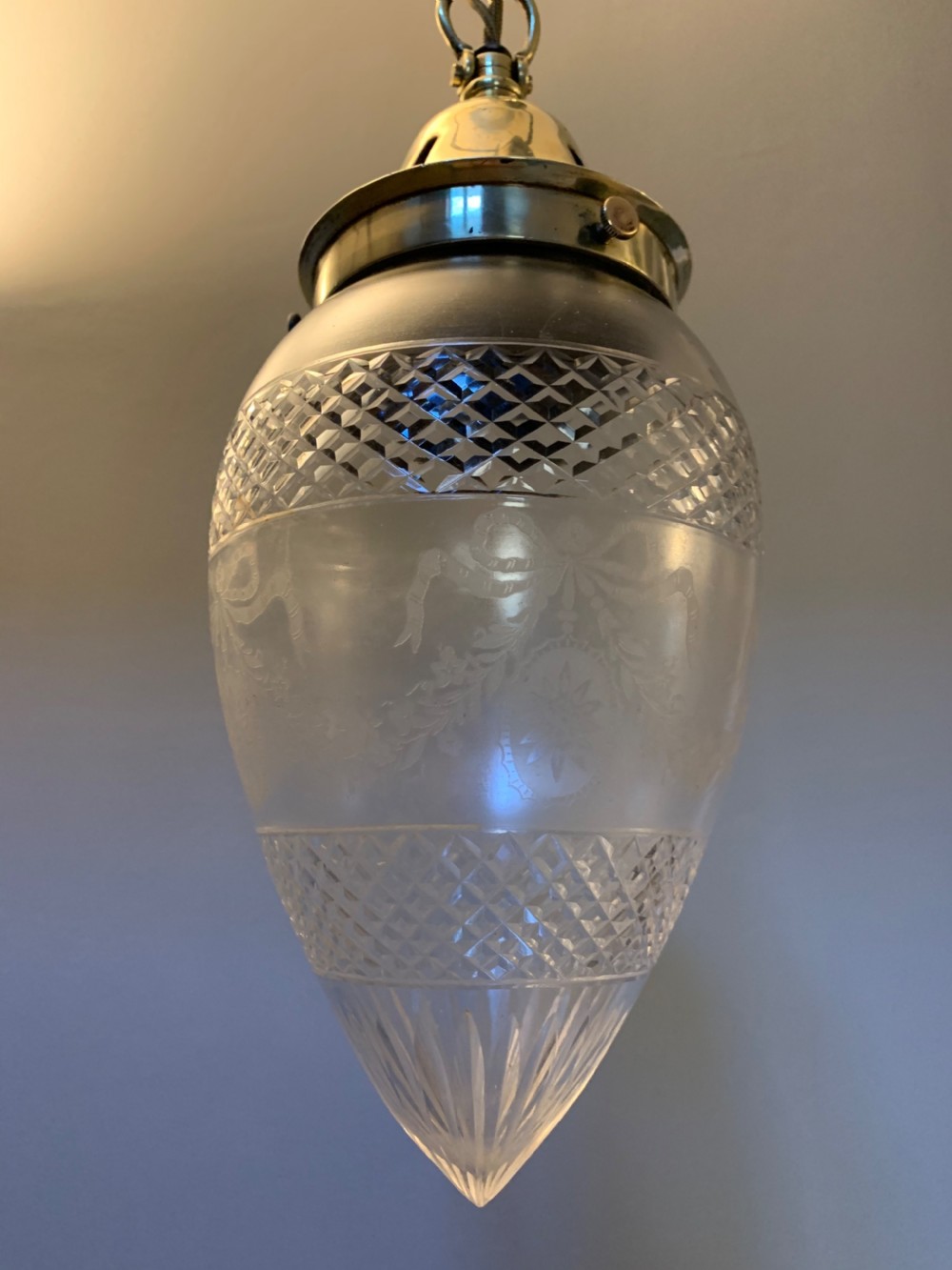 Cut & Frosted Edwardian Pendant Light with Cast Brass Gallery, Rewired  View IV
