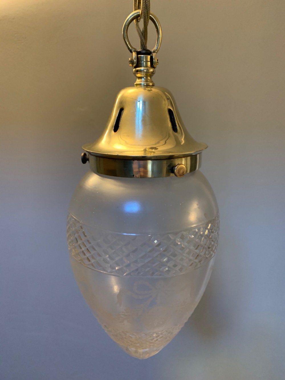 Cut & Frosted Edwardian Pendant Light with Cast Brass Gallery, Rewired  View V