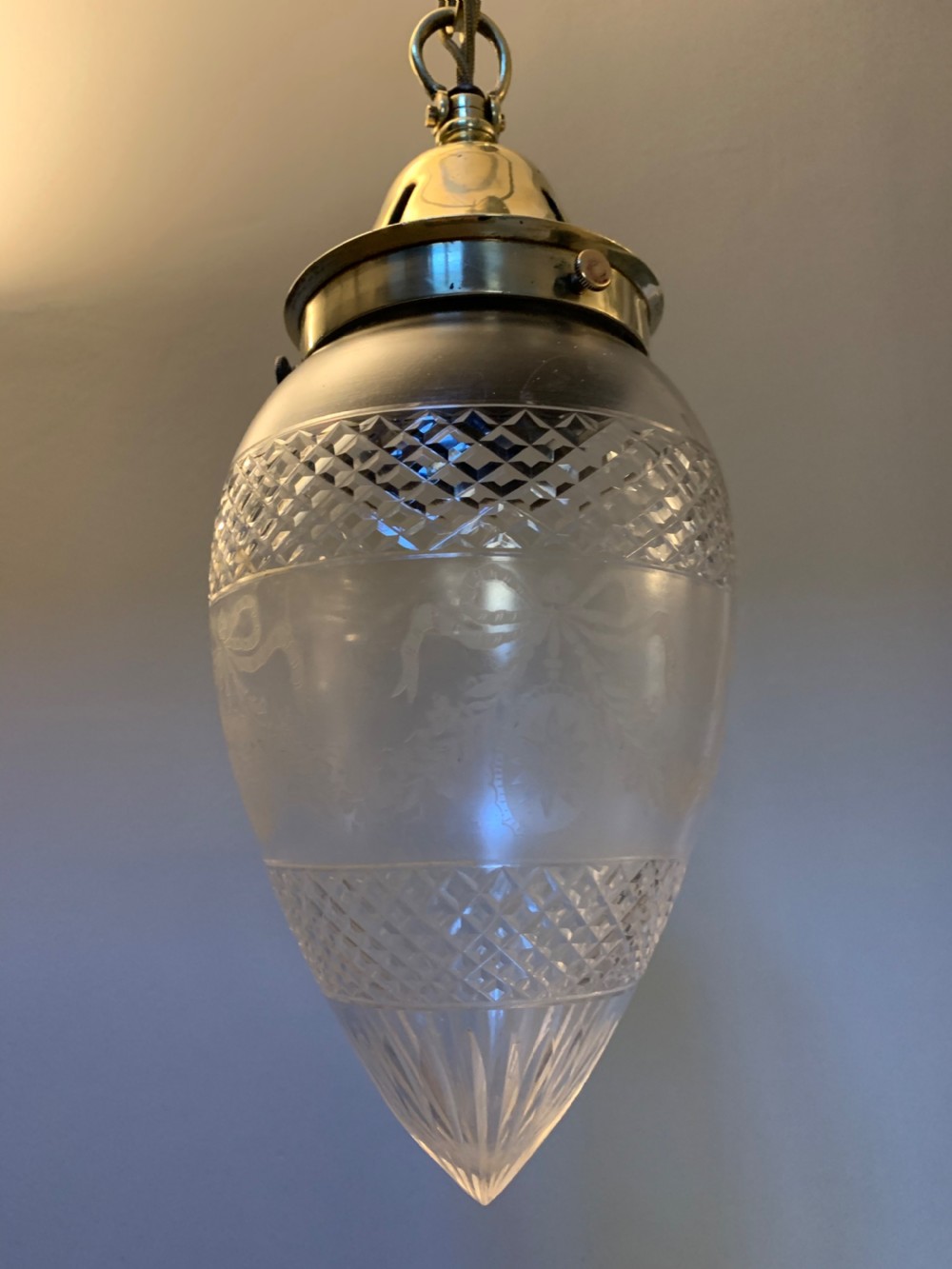 Cut & Frosted Edwardian Pendant Light with Cast Brass Gallery, Rewired  View VIII
