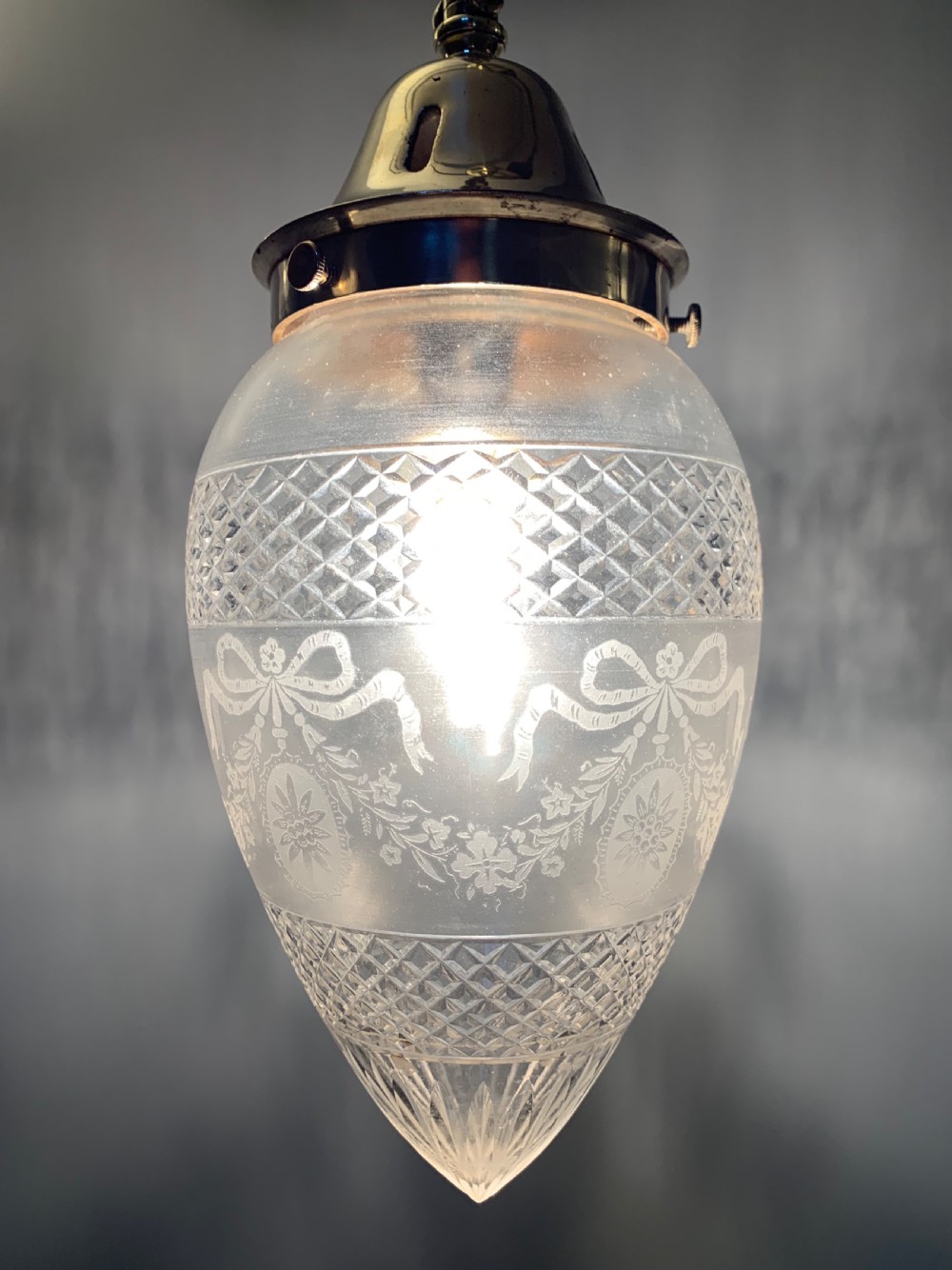 Cut & Frosted Edwardian Pendant Light with Cast Brass Gallery, Rewired  View IX
