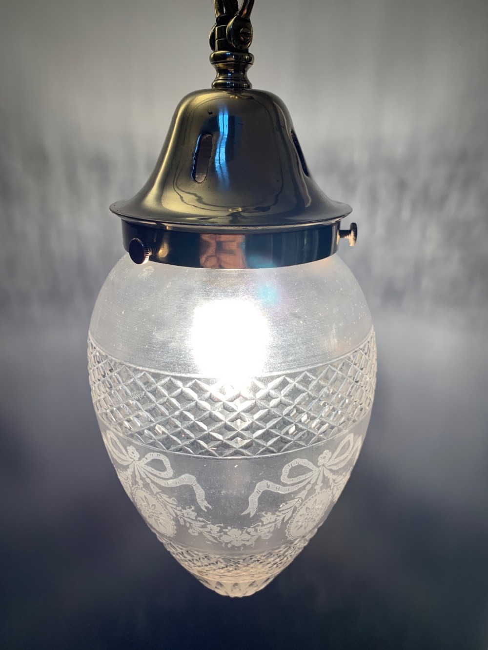 Cut & Frosted Edwardian Pendant Light with Cast Brass Gallery, Rewired  View X