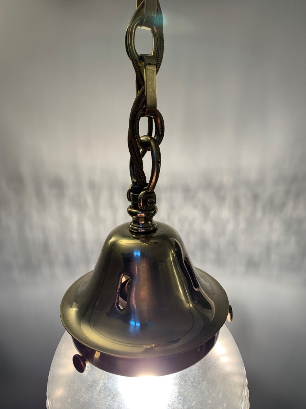 Cut & Frosted Edwardian Pendant Light with Cast Brass Gallery, Rewired  View XI