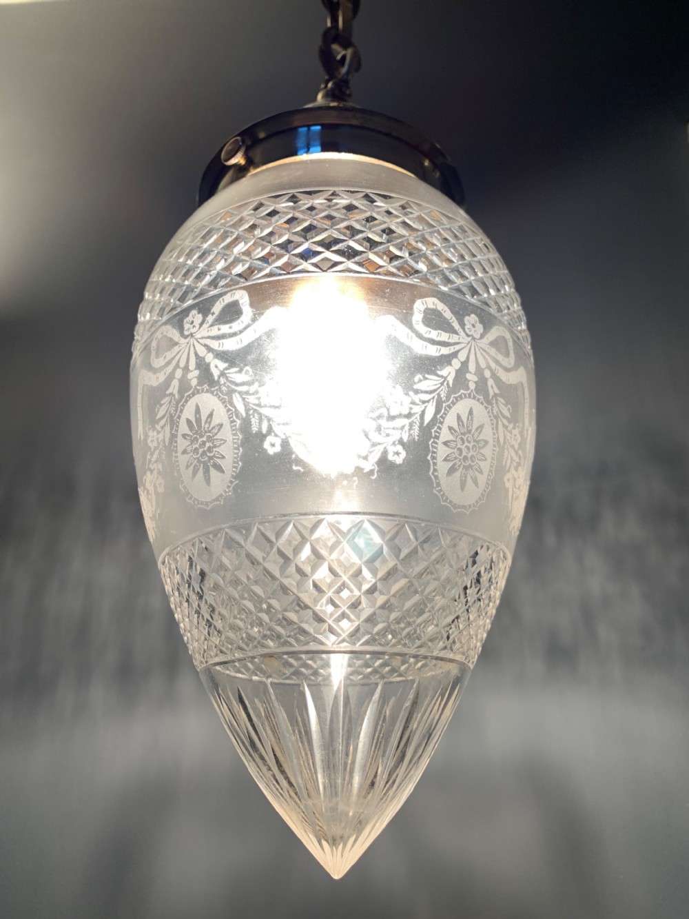 Cut & Frosted Edwardian Pendant Light with Cast Brass Gallery, Rewired  View XIII