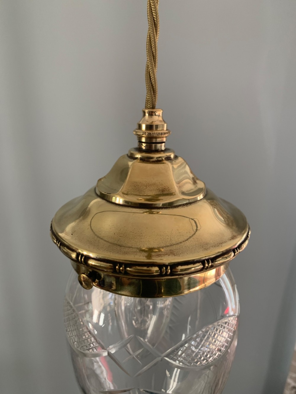 c1910 Cut Glass Ceiling Light with Brass Gallery, Rewired  View V