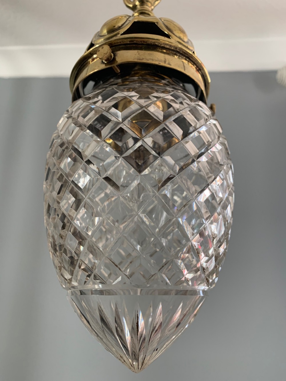c1910 Cut Crystal Ceiling Light with Brass Gallery,  Rewired  View VII
