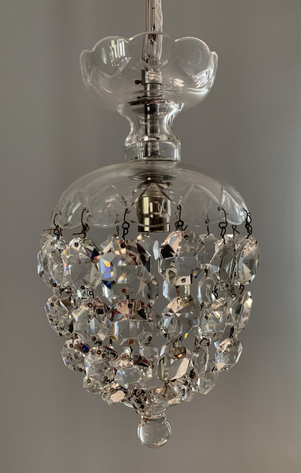 Victorian Glass Crystal Lustre Ceiling Light, Rewired 
