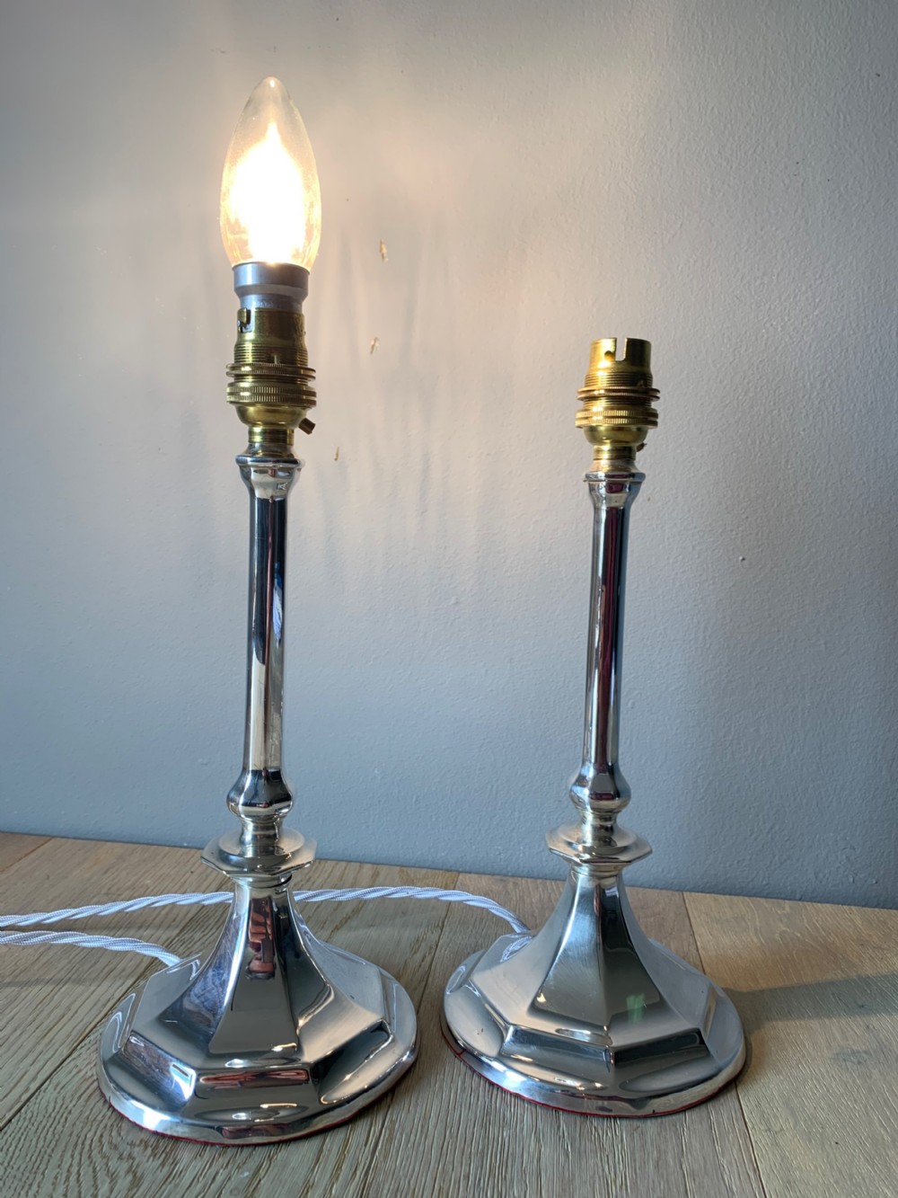 Pair of 1920s Chrome Silver Table Lamps, Rewired and PAT tested View IX
