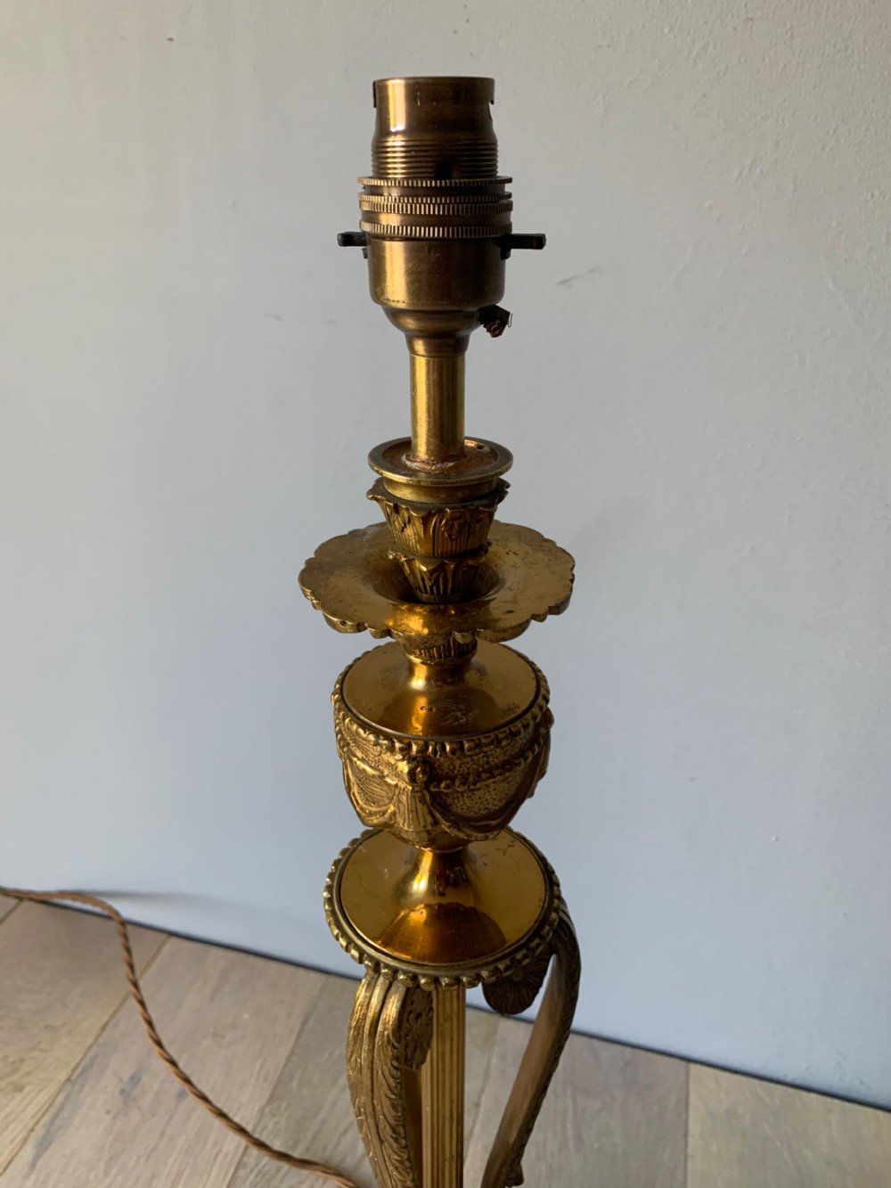 Tall French Gilded Brass Table Lamp, Rewired and PAT tested View V